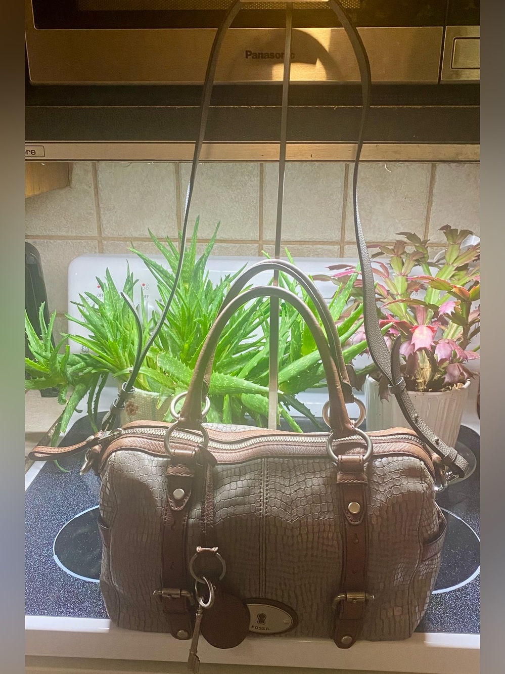 Fossil Maddox Satchel “Long Live Vintage" collection. Grey snakeskin embossed.